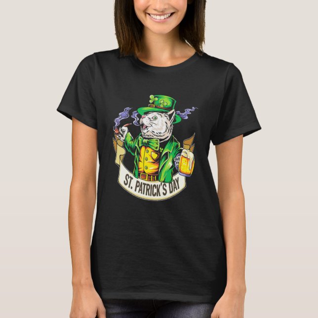 Funny Cat With Beer Happy St Patrick's Day T-Shirt (Front)