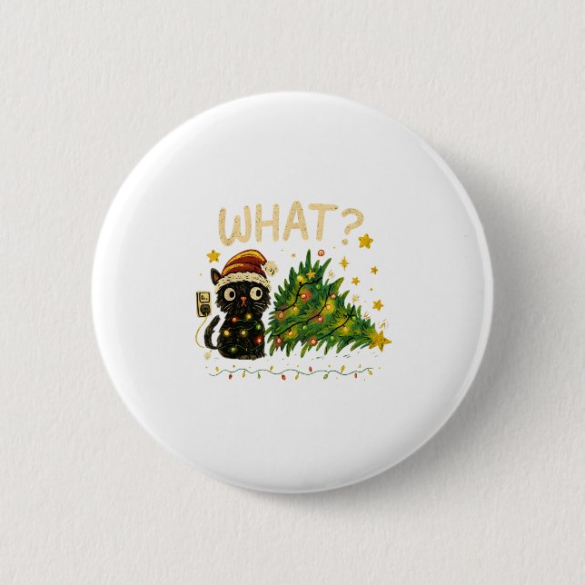 Funny Cat With Christmas Lights And Fallen Tree Ar Button (Front)