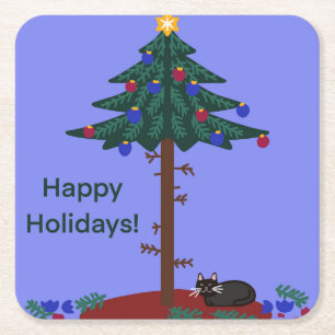 Funny cat with Christmas tree Square Paper Coaster