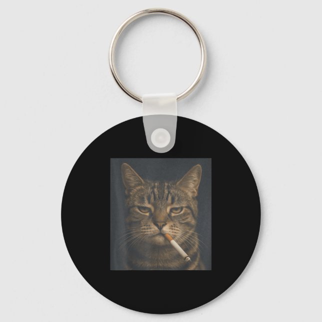Funny Cat With Cigarette Sarcastic Meme Smoking Ca Keychain (Front)
