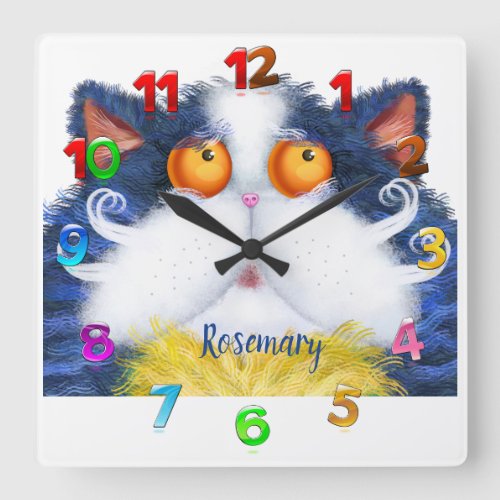 Funny Cat with Customizable Name  Square Wall Clock