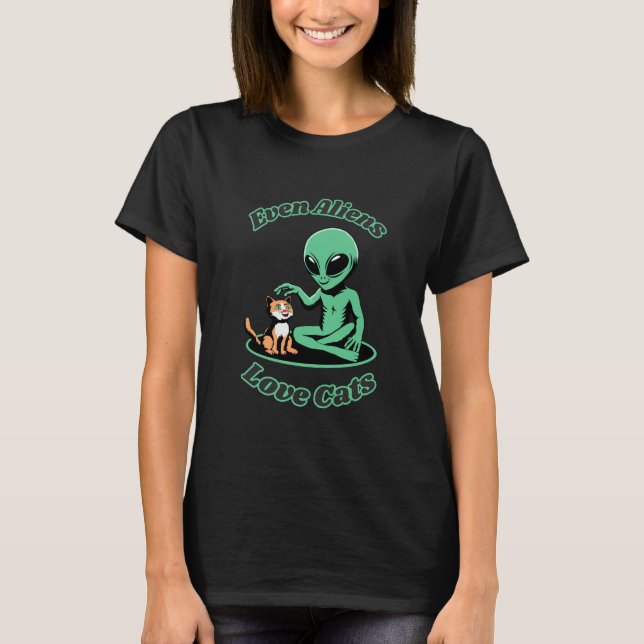 Funny cat with cute alien. Humorous Black T-Shirt (Front)