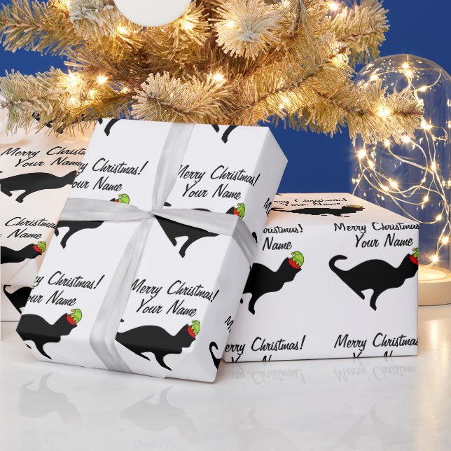 Funny cat with elf hat Christmas wrapping paper (Holidays)