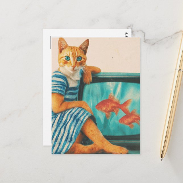 Funny Cat With Goldfish Retro Collage Postcard (Front/Back In Situ)