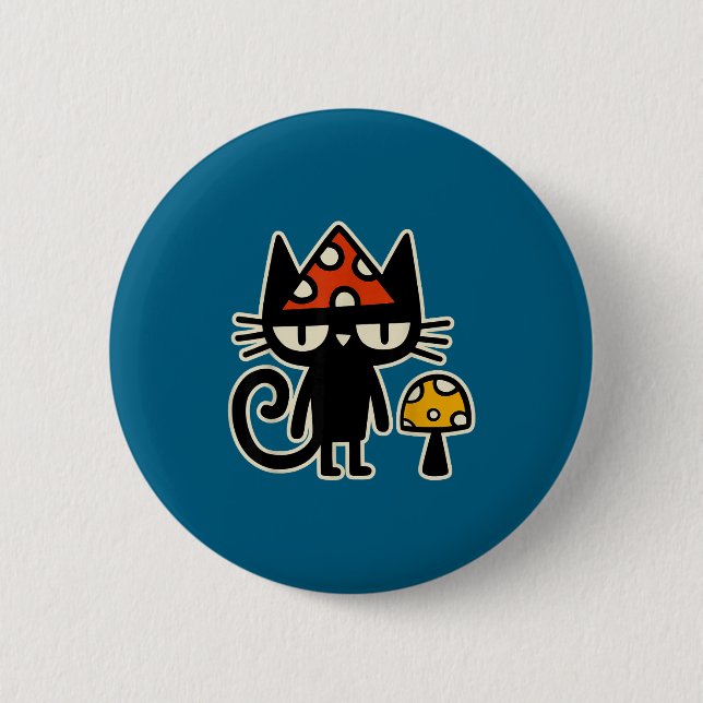 Funny Cat With Mushroom Hat Black Cat With Toadsto Button (Front)
