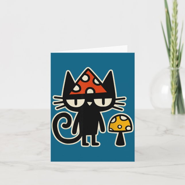 Funny Cat With Mushroom Hat Black Cat With Toadsto Card (Front)