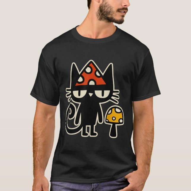 Funny Cat With Mushroom Hat Black Cat With Toadsto T-Shirt (Front)