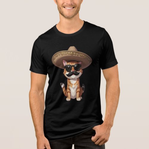 Funny Cat with Sombrero Hat T-Shirt Tri-Blend Shirt