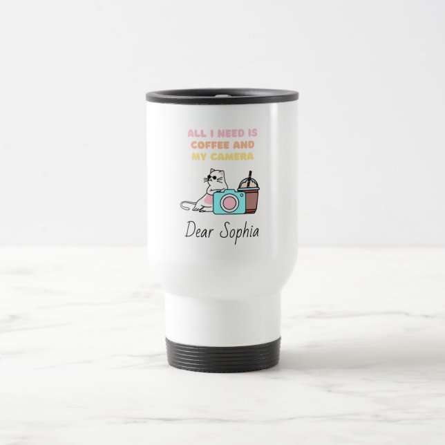 Funny Cat with Sunglasses and Camera&Coffee Humor Travel Mug (Center)