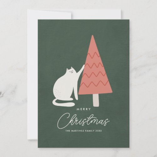 Funny Cat with Tree Merry Christmas Greeting Holiday Card