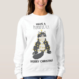 Funny Cat Wrapped in Christmas Lights Winter Humor Sweatshirt