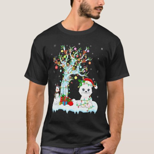 Funny Cat Xmas Tree Lighting Santa Hat Cat Christm T_Shirt