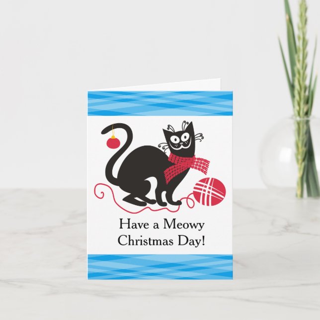Funny cat yarn knitting crochet Christmas Holiday Card (Front)