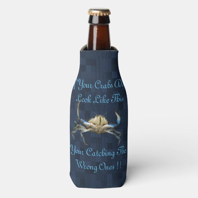 Funny Catching Crabs Logo On Blue, Bottle Cooler (Bottle Front)