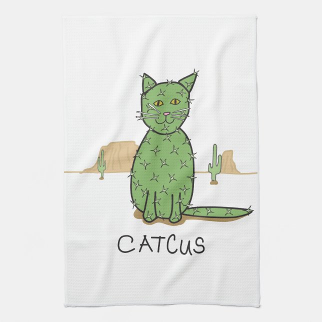 Funny "Catcus" Cactus Drawing Kitchen Towel (Vertical)