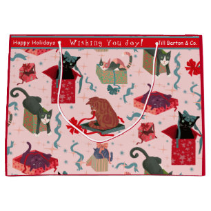 Funny Cats and Christmas Boxes Red Teal Custom  Large Gift Bag