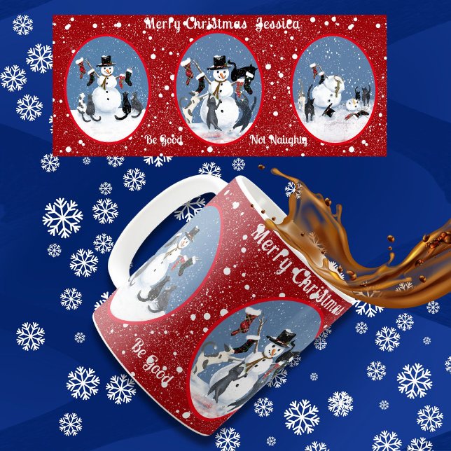 Funny Cats and Snowman Red Personalized Coffee Mug (A holiday mug that tells a cat tale about curious cats playing with a snowman. Naughty or nice?)