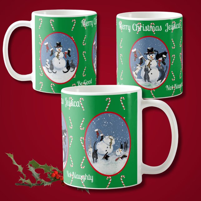 Funny Cats and Snowman Tale Personalized Coffee Mug (A winters story of curious cats and a snowman in 3 vintage ovals. Perfect convo starter)