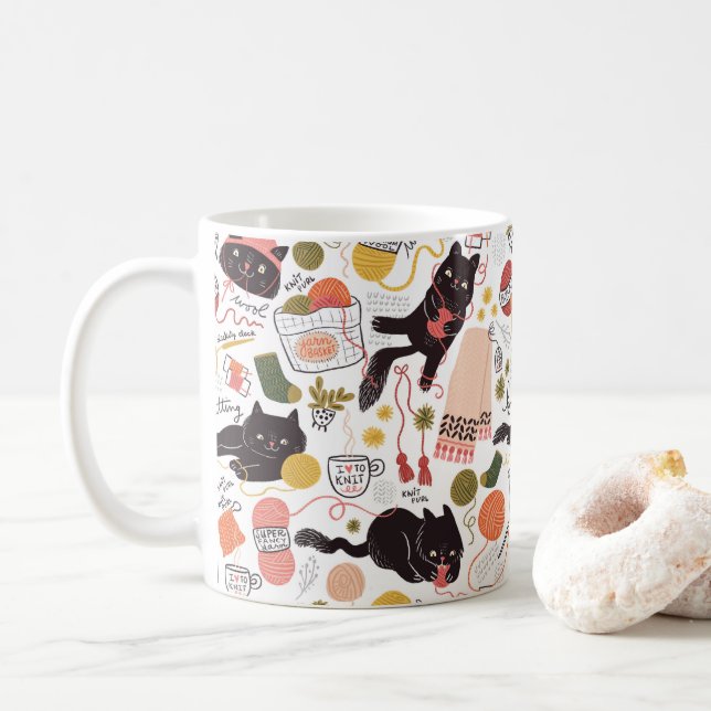 Funny Cats And Yarn Coffee Mug (With Donut)