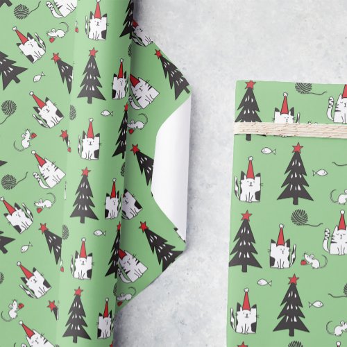 Funny Cats Christmas pattern green Wrapping Paper