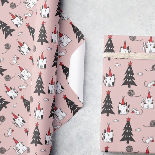 Funny Cats Christmas pattern pink Wrapping Paper