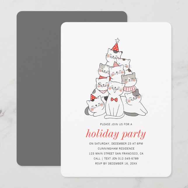 Funny Cats Christmas Tree Holiday Party Invitation (Front/Back)