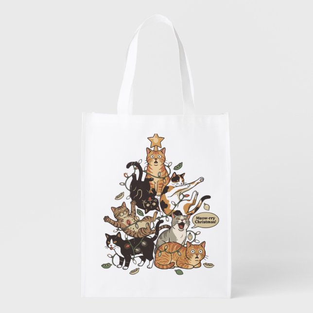 Funny Cats Christmas Tree Tangled Lights Holiday Grocery Bag (Front)