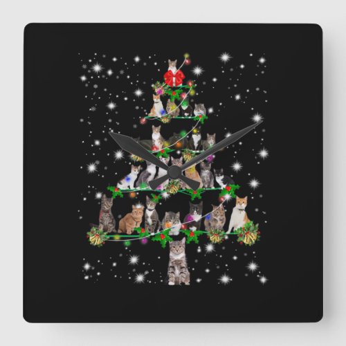 Funny Cats Christmas Tree Tee Ornament Decor Gift Square Wall Clock