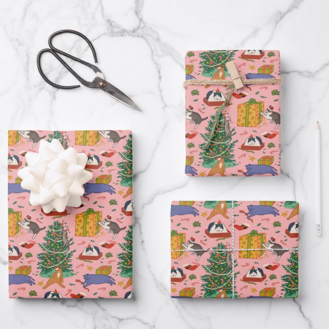 Funny Cats Christmas Wrapping Paper - Pink (Front)