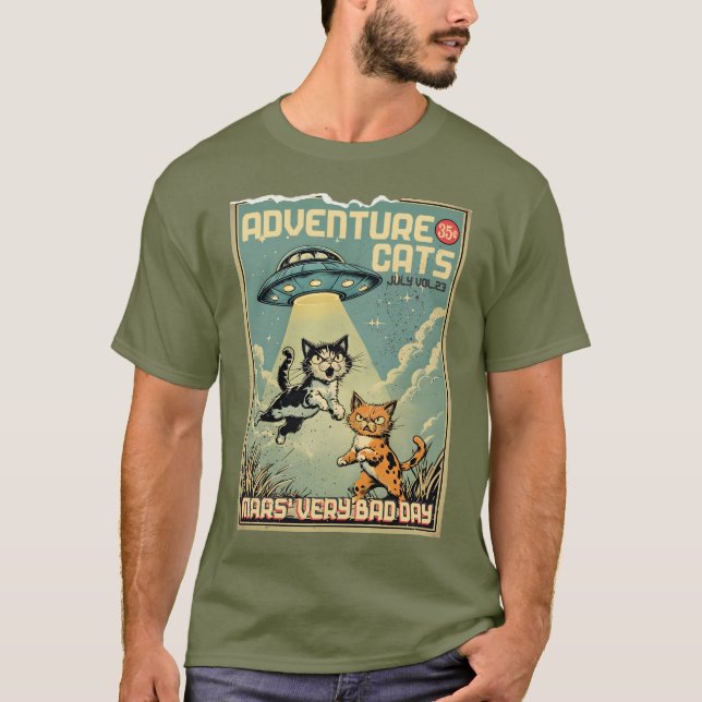 Funny cats comic book alien abduction sci-fi T-Shirt (Front)