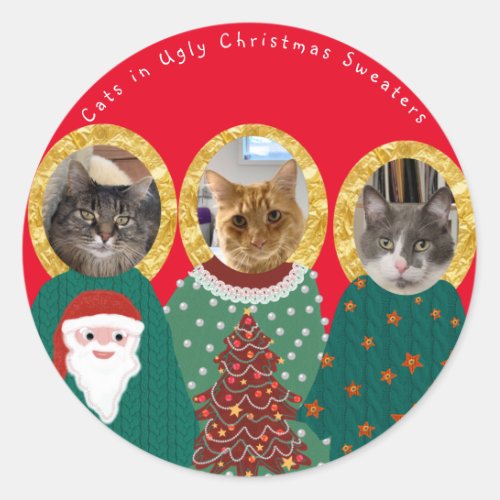 Funny Cats Customized Ugly Christmas Sweaters Classic Round Sticker