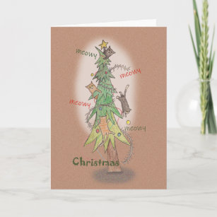 Funny Cats destroying Christmas Tree cat Holiday Card