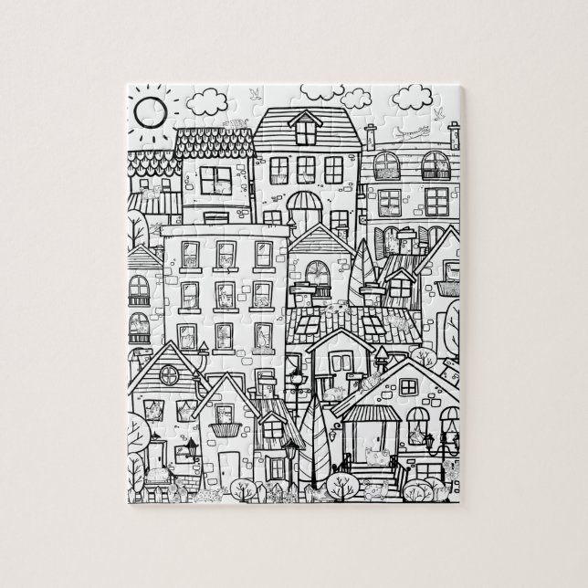 Funny Cats Detailed Town Black White Coloring Gift Jigsaw Puzzle (Vertical)