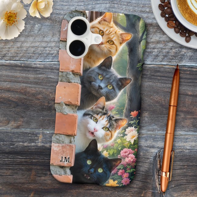 Funny Cats Garden Monogram Phone Case (Funny cats in a garden cute cat lover phone case with custom monogram)