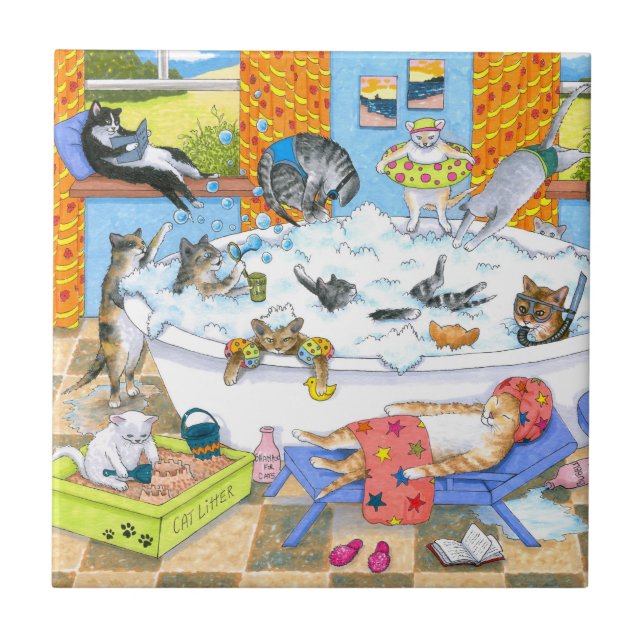 Funny Cats in Bath 601 Ceramic Tile (Front)