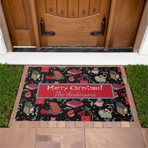 Funny Cats In Christmas Boxes Black Red Green Doormat