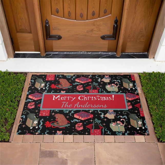 Funny Cats In Christmas Boxes Black Red Green Doormat (Outdoor)