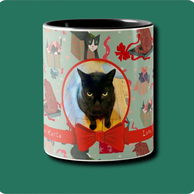 Funny Cats In Christmas Boxes Personalized Photo Two-Tone Coffee Mug (Cats frolic in Christmas wrappings on this funny personalized cat photo Christmas Mug.4 more colors )