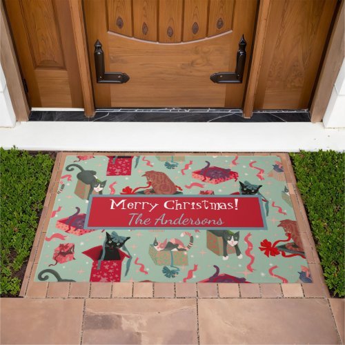 Funny Cats In Christmas Boxes Red Green Doormat