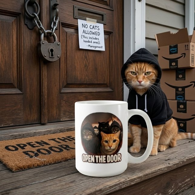 Funny Cats in Hoodies Open The Door Coffee Mug (Creator Uploaded)