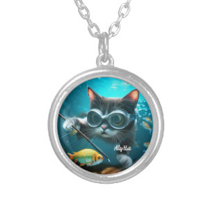 Funny Cat's in the Aquarium Silver Plated Necklace