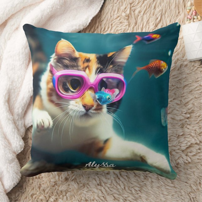 Funny Cat's in the Aquarium Throw Pillow (Blanket)