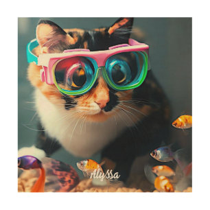 Funny Cat's in the Aquarium Wood Wall Art
