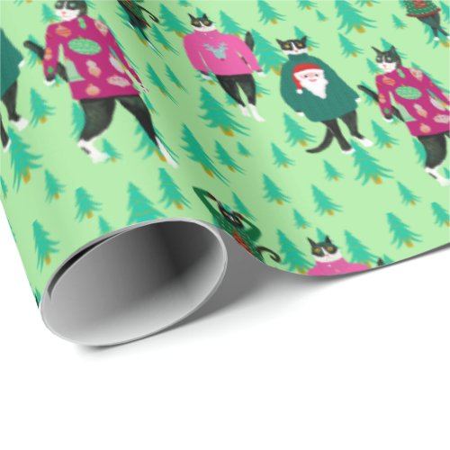 Funny Cats in Ugly Christmas Jumpers Green  Wrapping Paper
