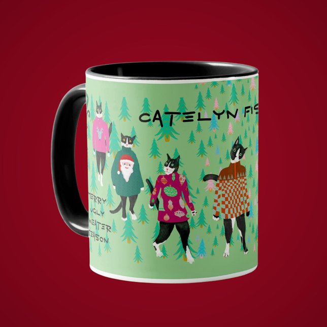 Funny Cats in Ugly Christmas Sweaters green Coffee Mug (Funny tuxedo cats strut the catwalk in their Ugly Christmas Sweaters. A cat lovers holiday gift mug )