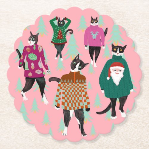 Funny Cats in Ugly Christmas Sweaters Paper Coaster