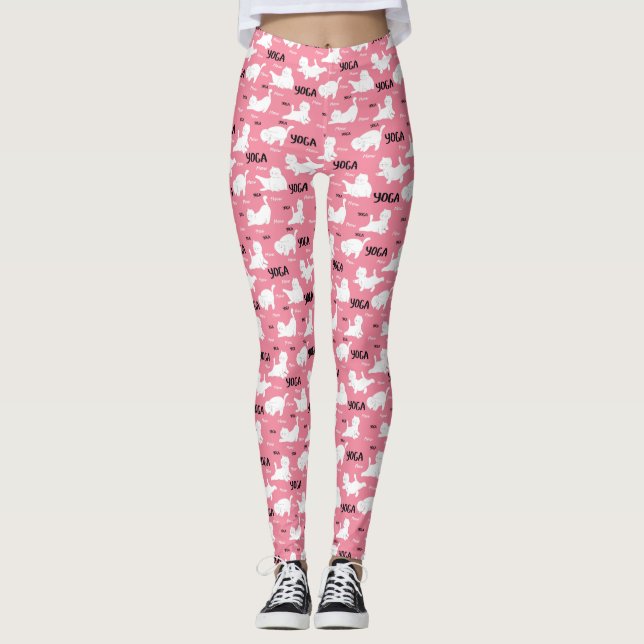 Funny Cats In Yoga Poses Positions Pattern Pink Leggings (Front)