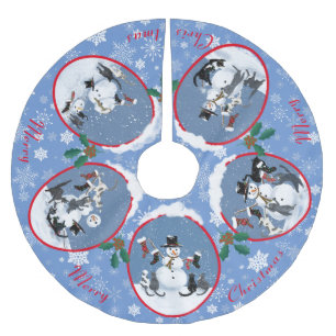 Funny Cats Meet Snowman Holiday Story Christmas  Brushed Polyester Tree Skirt