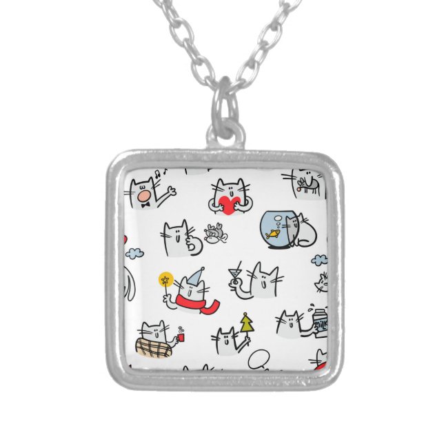 Funny cats, milk and magic. silver plated necklace (Front)
