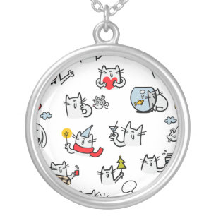 Funny cats, milk and magic. silver plated necklace